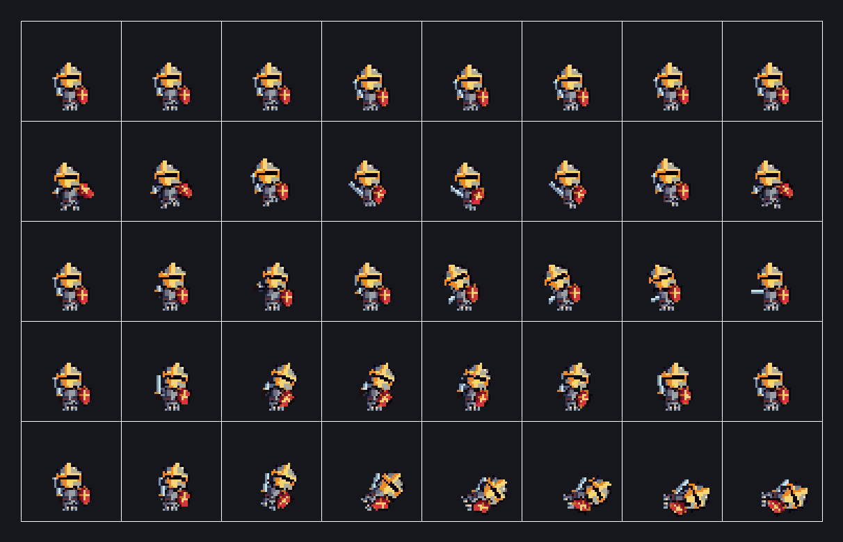 An exported UnitForge sprite sheet: five animation rows of eight 48×48 frames each